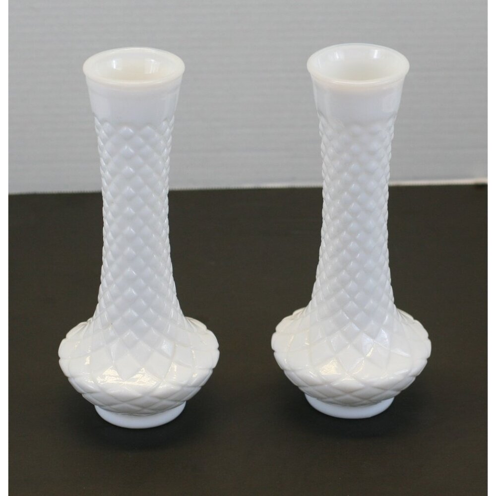VTG Milk Glass Diamond Quilt Bud Vases Pair 9" Unidentified Maker 1950-1970s GUC